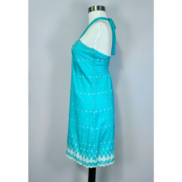 Vintage Tocca Mini Dress sz 2 Blue Embroidered Tie Neck - Picture 4 of 14